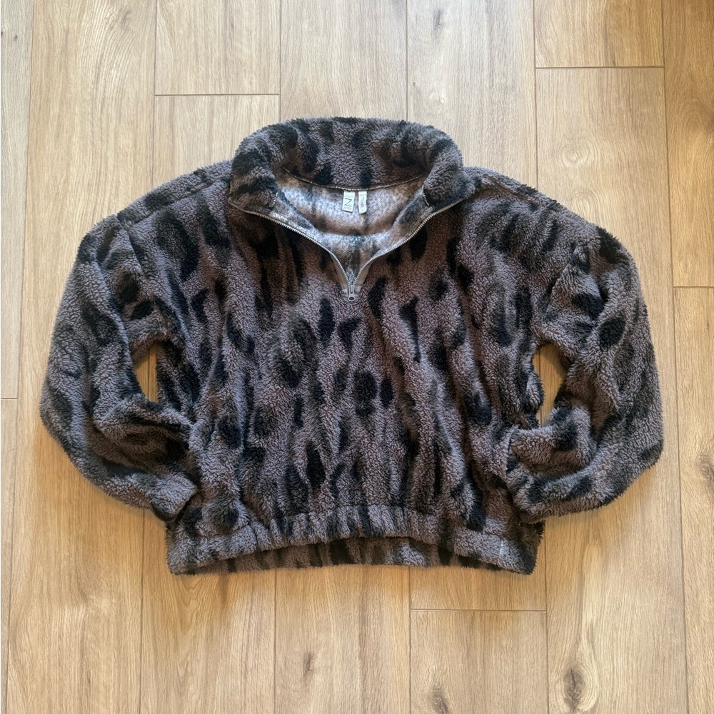 Z BY ZELLA Sherpa Animal Print Long Sleeve Quarter Zip Sweater Fuzzy Top